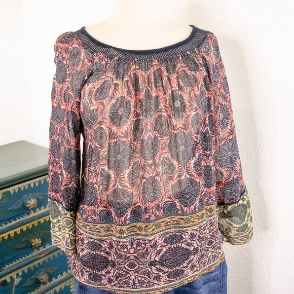 Plenty By Tracy Reese Tops - Plenty by Tracy Reese Boho Sheer Blouse Women’s S Gauze Batik Print Crochet Trim